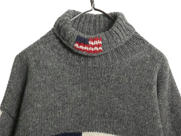 エクアドル製 タートルネック 星条旗 デザイン ニット セーター メンズ レディース XL 程 古着 ウール 手編み ハンドメイド 大きいサイズ