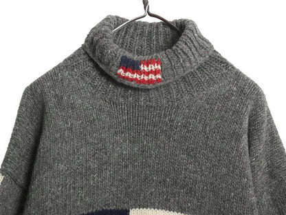 エクアドル製 タートルネック 星条旗 デザイン ニット セーター メンズ レディース XL 程 古着 ウール 手編み ハンドメイド 大きいサイズ