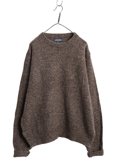 80s USA製 ランズエンド ニット セーター メンズ XL / ヴィンテージ ウール ミドルゲージ クルーネック 無地 シンプル 大きいサイズ 杢 茶