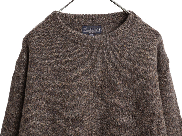 80s USA製 ランズエンド ニット セーター メンズ XL / ヴィンテージ ウール ミドルゲージ クルーネック 無地 シンプル 大きいサイズ 杢 茶