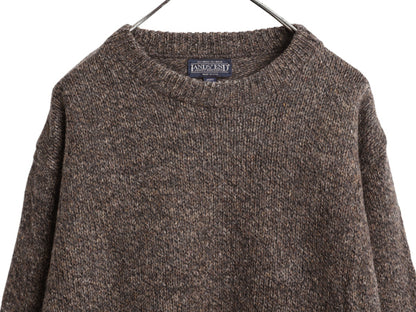 80s USA製 ランズエンド ニット セーター メンズ XL / ヴィンテージ ウール ミドルゲージ クルーネック 無地 シンプル 大きいサイズ 杢 茶