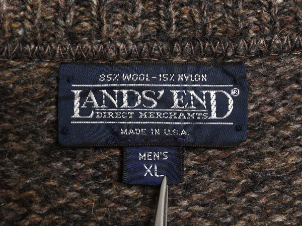 80s USA製 ランズエンド ニット セーター メンズ XL / ヴィンテージ ウール ミドルゲージ クルーネック 無地 シンプル 大きいサイズ 杢 茶