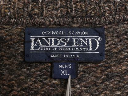 80s USA製 ランズエンド ニット セーター メンズ XL / ヴィンテージ ウール ミドルゲージ クルーネック 無地 シンプル 大きいサイズ 杢 茶