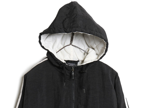 90's アディダス 中綿 ナイロン パーカー ジャケット キッズ XL メンズ S 程 オールド ブルゾン フルジップ ハイネック 3ライン 黒 3ライン