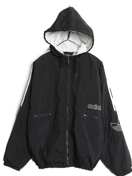 90's アディダス 中綿 ナイロン パーカー ジャケット キッズ XL メンズ S 程 オールド ブルゾン フルジップ ハイネック 3ライン 黒 3ライン