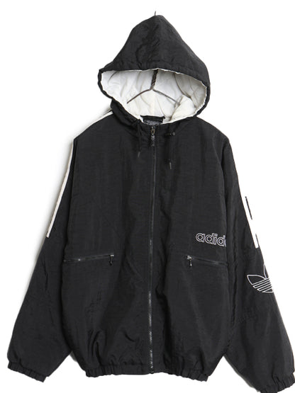 90's アディダス 中綿 ナイロン パーカー ジャケット キッズ XL メンズ S 程 オールド ブルゾン フルジップ ハイネック 3ライン 黒 3ライン