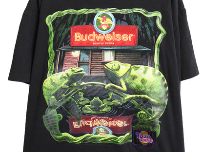 90s USA製 ★ バドワイザー カエル カメレオン イラスト プリント Tシャツ メンズ L 古着 ビール 当時物 企業物 アニマル キャラクター 黒