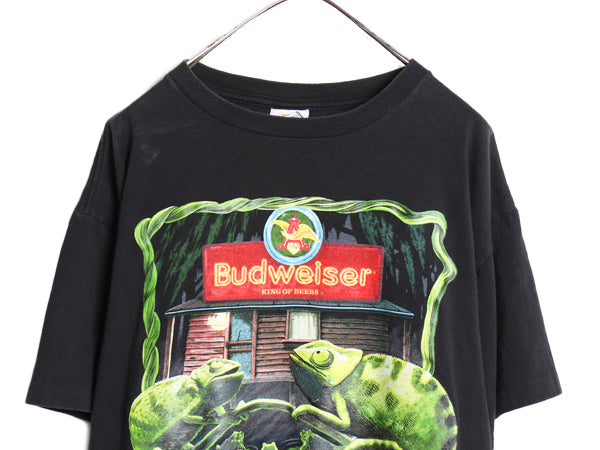 90s USA製 ★ バドワイザー カエル カメレオン イラスト プリント Tシャツ メンズ L 古着 ビール 当時物 企業物 アニマル キャラクター 黒