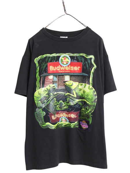 90s USA製 ★ バドワイザー カエル カメレオン イラスト プリント Tシャツ メンズ L 古着 ビール 当時物 企業物 アニマル キャラクター 黒