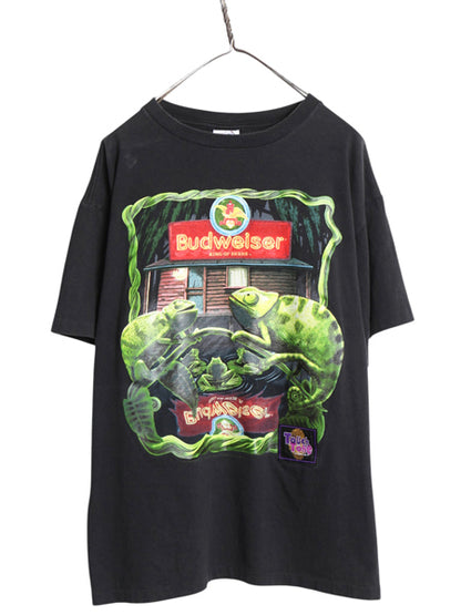 90s USA製 ★ バドワイザー カエル カメレオン イラスト プリント Tシャツ メンズ L 古着 ビール 当時物 企業物 アニマル キャラクター 黒