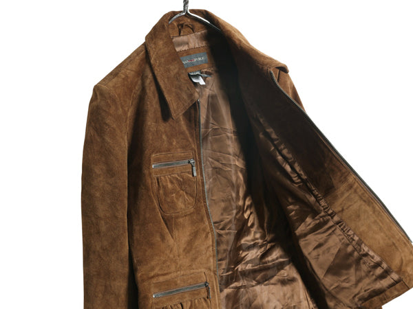 00s バナナリパブリック フルジップ 本革 スウェード レザー ジャケット レディース XS 程 オールド サファリ ブッシュ 革ジャン 4ポケット