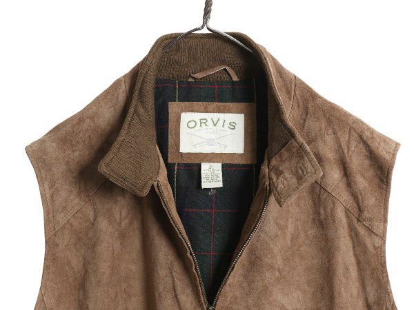 デッドストック 00s オービス 本革 スウェード レザー ベスト メンズ XL / オールド フルジップ チェック ライナー 重ね着 大きいサイズ 茶