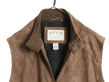 デッドストック 00s オービス 本革 スウェード レザー ベスト メンズ XL / オールド フルジップ チェック ライナー 重ね着 大きいサイズ 茶