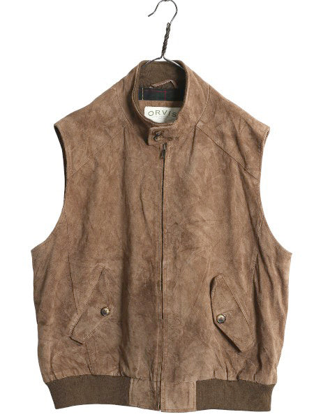デッドストック 00s オービス 本革 スウェード レザー ベスト メンズ XL / オールド フルジップ チェック ライナー 重ね着 大きいサイズ 茶