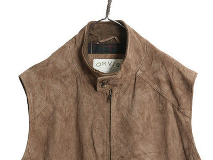 デッドストック 00s オービス 本革 スウェード レザー ベスト メンズ XL / オールド フルジップ チェック ライナー 重ね着 大きいサイズ 茶