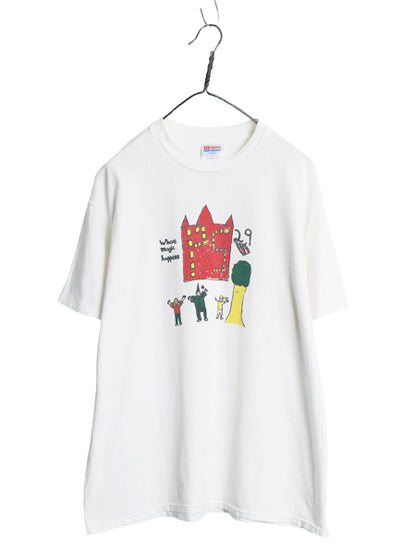 00s アート イラスト プリント Tシャツ メンズ L 古着 オールド スクール グラフィック キャラクター シングルステッチ ヘビーウェイト 白