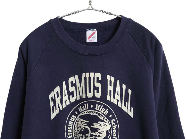 80s USA製 3段 カレッジ プリント スウェット メンズ レディース XL 小さめ ヴィンテージ ジャージーズ トレーナー 裏起毛 クルーネック 紺