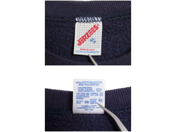 80s USA製 3段 カレッジ プリント スウェット メンズ レディース XL 小さめ ヴィンテージ ジャージーズ トレーナー 裏起毛 クルーネック 紺