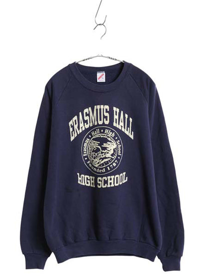 80s USA製 3段 カレッジ プリント スウェット メンズ レディース XL 小さめ ヴィンテージ ジャージーズ トレーナー 裏起毛 クルーネック 紺