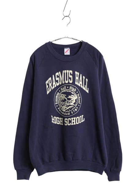 80s USA製 3段 カレッジ プリント スウェット メンズ レディース XL 小さめ ヴィンテージ ジャージーズ トレーナー 裏起毛 クルーネック 紺