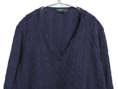 00s ローレン ラルフローレン スキッパー ケーブル ニット セーター レディース XXL オールド ポロ コットン 無地 Vネック 大きいサイズ 紺