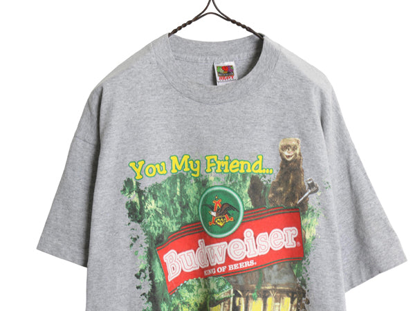 90s ★ バドワイザー カメレオン イラスト プリント Tシャツ メンズ XL 古着 オールド ビール 企業物 当時物 キャラクター アニマル グレー