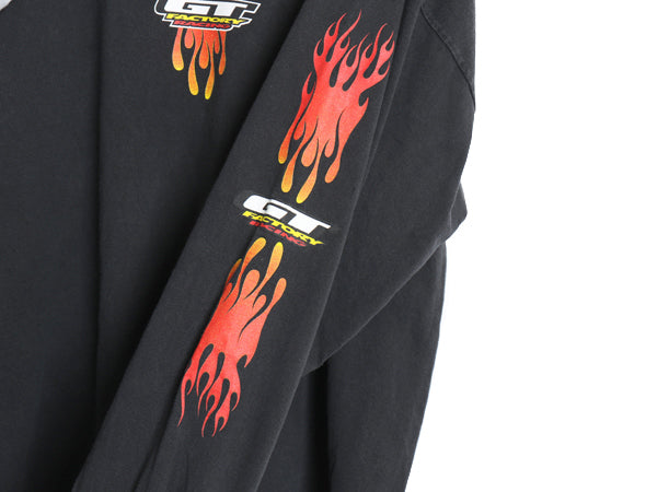 00s GT 全面 プリント 長袖 Tシャツ メンズ XL 企業 オールド ロンT ロングTシャツ ファイヤー 袖プリント レーシング BMX 大きいサイズ 黒