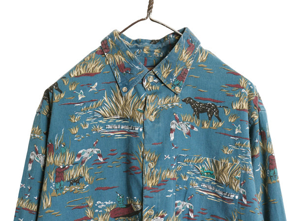 90s ダックスバック 総柄 長袖 ボタンダウン シャツ メンズ XL 小さめ L 程/ オールド ハンティング コットン ワンポイント マルチカラー