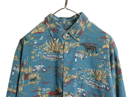 90s ダックスバック 総柄 長袖 ボタンダウン シャツ メンズ XL 小さめ L 程/ オールド ハンティング コットン ワンポイント マルチカラー
