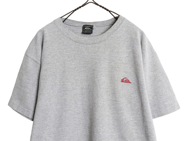 90s USA製 ☆ クイックシルバー 鹿の子 半袖 Tシャツ メンズ L  / 古着 旧タグ ヘビーウェイト オールド サーフ ワンポイント ロゴ刺繍 灰