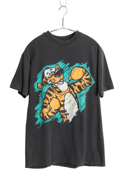 80s USA製 ティガー イラスト プリント Tシャツ メンズ S レディース M ヴィンテージ ディズニー オフィシャル プーさん キャラクター 黒