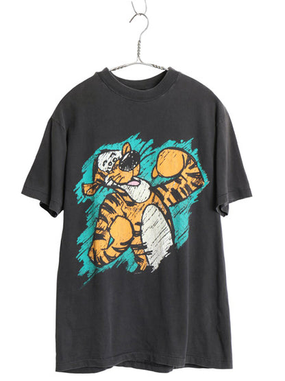 80s USA製 ティガー イラスト プリント Tシャツ メンズ S レディース M ヴィンテージ ディズニー オフィシャル プーさん キャラクター 黒