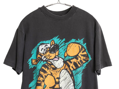 80s USA製 ティガー イラスト プリント Tシャツ メンズ S レディース M ヴィンテージ ディズニー オフィシャル プーさん キャラクター 黒