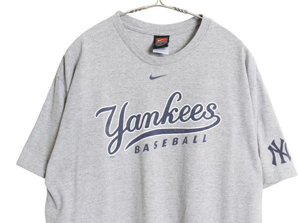 00s ナイキ ヤンキース プリント Tシャツ メンズ L / オールド MLB オフィシャル スウッシュ カットソー 大リーグ 野球 ヘビーウェイト 灰