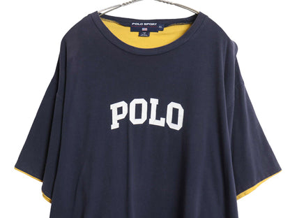 90s USA製 ポロスポーツ ラルフローレン プリント 半袖 Tシャツ メンズ XL オールド コットン カットソー ダブルフェイス 大きいサイズ 紺