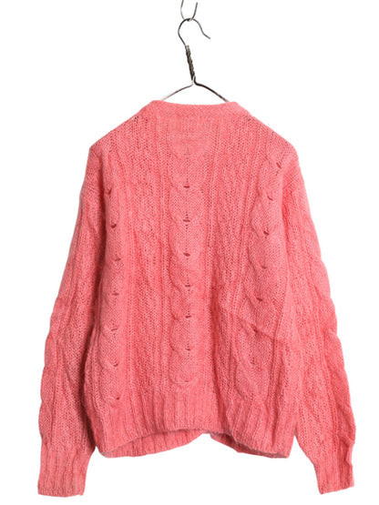 90s ケーブル ニット カーディガン レディース M / オールド アクリル モヘア 毛足 シャギー セーター 前開き ケーブル ローゲージ ピンク