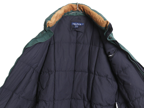 90s ノーティカ ダウン ジャケット メンズ XL 古着 オールド フルジップ コットン 本革 レザー ブルゾン ジャンパー アウター 大きいサイズ