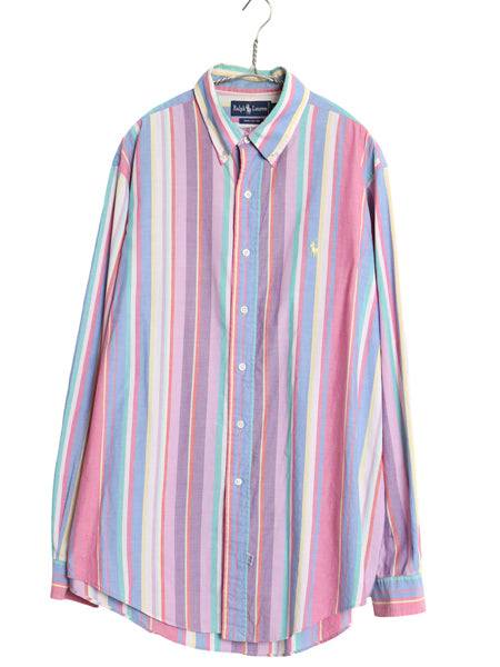 90s ラルフローレン ストライプ 長袖 ボタンダウン シャツ メンズ XL オールド ポロ コットン ワイシャツ マルチカラー 薄手 大きいサイズ