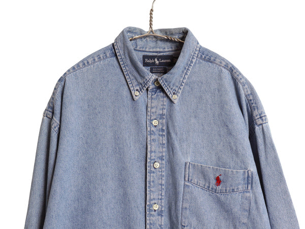 90s THE BIG SHIRT ラルフローレン ボタンダウン 長袖 デニム シャツ メンズ XL 古着 オールド ポロ 長袖シャツ ワンポイント 大きいサイズ