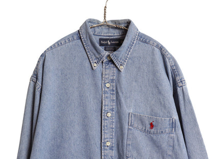 90s THE BIG SHIRT ラルフローレン ボタンダウン 長袖 デニム シャツ メンズ XL 古着 オールド ポロ 長袖シャツ ワンポイント 大きいサイズ