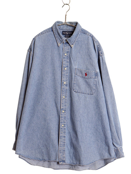 90s THE BIG SHIRT ラルフローレン ボタンダウン 長袖 デニム シャツ メンズ XL 古着 オールド ポロ 長袖シャツ ワンポイント 大きいサイズ