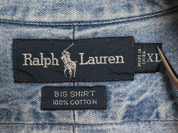 90s THE BIG SHIRT ラルフローレン ボタンダウン 長袖 デニム シャツ メンズ XL 古着 オールド ポロ 長袖シャツ ワンポイント 大きいサイズ