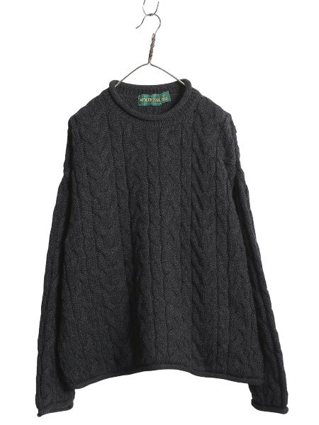 90s イギリス製 McKENNAS ロールネック ケーブル ニット セーター メンズ L 古着 オールド ウール ローゲージ ハイネック 無地 シンプル 黒