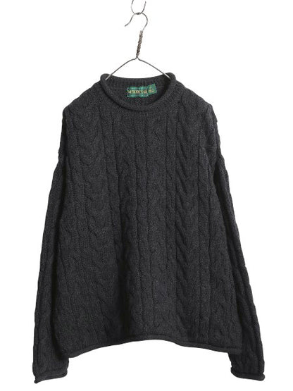 90s イギリス製 McKENNAS ロールネック ケーブル ニット セーター メンズ L 古着 オールド ウール ローゲージ ハイネック 無地 シンプル 黒