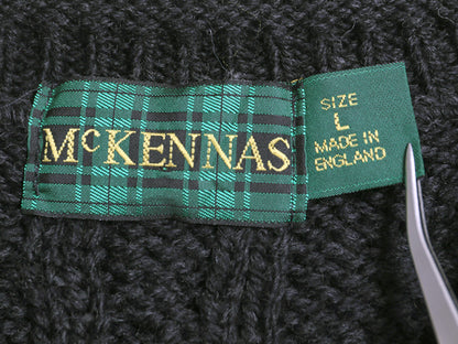 90s イギリス製 McKENNAS ロールネック ケーブル ニット セーター メンズ L 古着 オールド ウール ローゲージ ハイネック 無地 シンプル 黒
