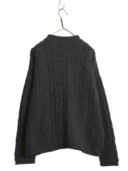 90s イギリス製 McKENNAS ロールネック ケーブル ニット セーター メンズ L 古着 オールド ウール ローゲージ ハイネック 無地 シンプル 黒