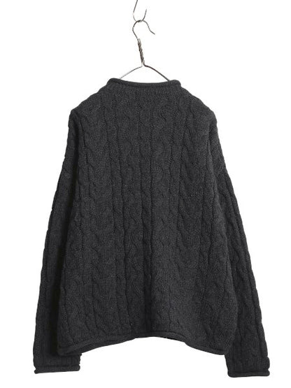 90s イギリス製 McKENNAS ロールネック ケーブル ニット セーター メンズ L 古着 オールド ウール ローゲージ ハイネック 無地 シンプル 黒
