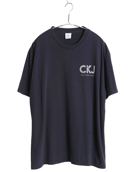 90s USA製 カルバンクライン ジーンズ ロゴ プリント 半袖 Tシャツ メンズ L 古着 オールド CK ワンポイント シンプル ヘビーウェイト 紺