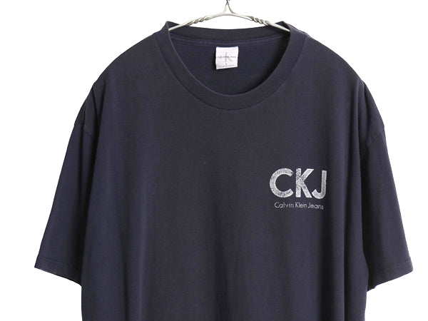 90s USA製 カルバンクライン ジーンズ ロゴ プリント 半袖 Tシャツ メンズ L 古着 オールド CK ワンポイント シンプル ヘビーウェイト 紺