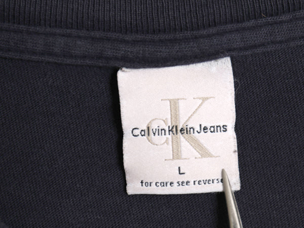 90s USA製 カルバンクライン ジーンズ ロゴ プリント 半袖 Tシャツ メンズ L 古着 オールド CK ワンポイント シンプル ヘビーウェイト 紺